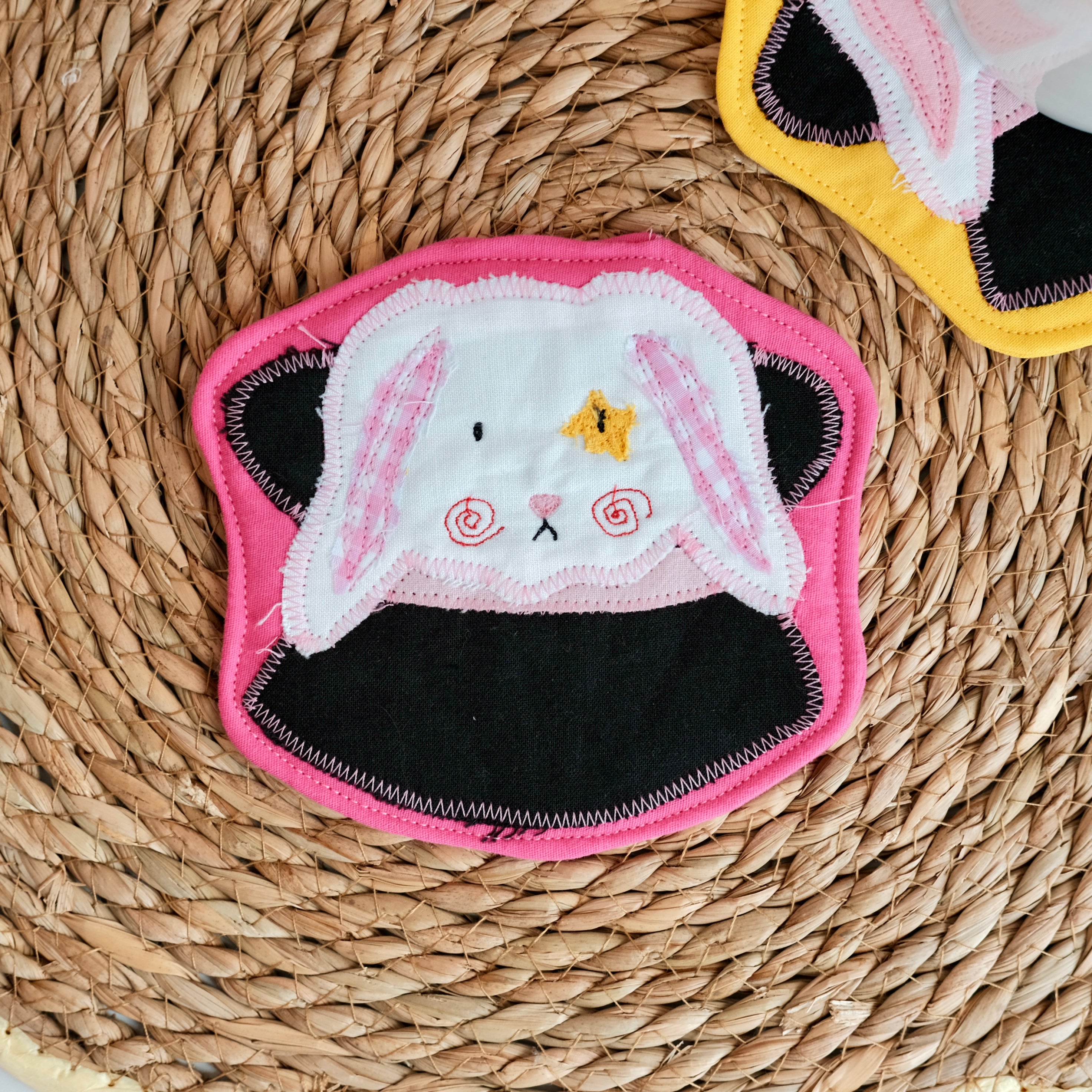 Clownimal Boris the Magician Bunny Coaster, Pink Background (gingham ears)