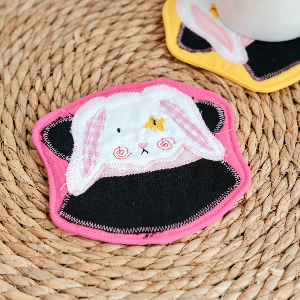 Clownimal Boris the Magician Bunny Coaster, Pink Background (gingham ears)
