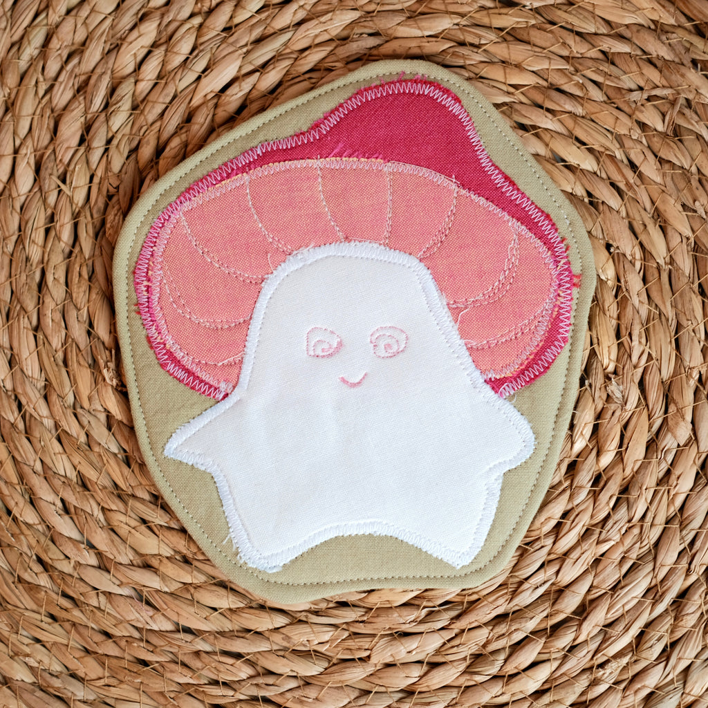 Forest Friend Marcel the Mushroom Coaster, Pink and White on Light Green Background